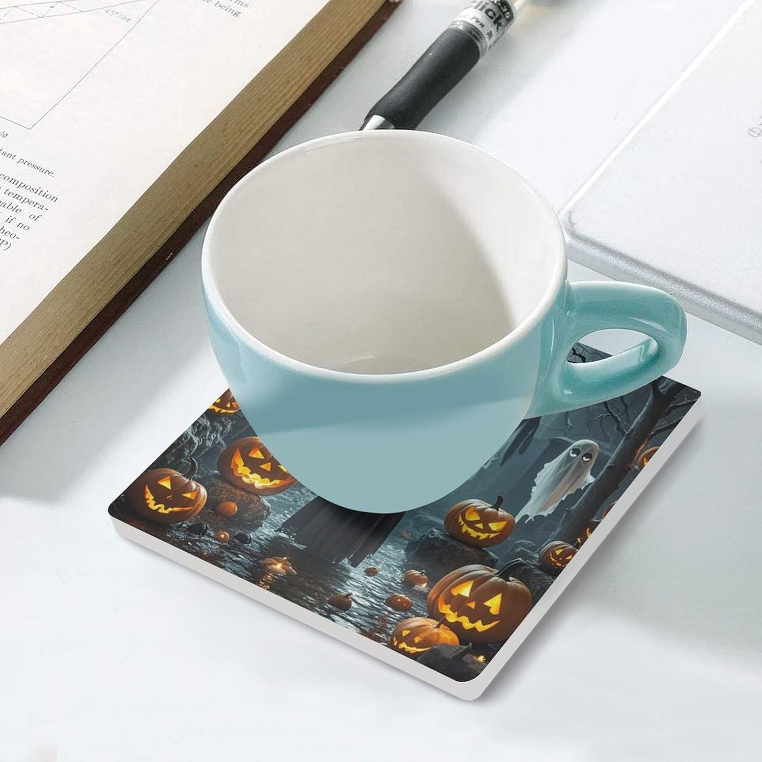 Grim Reaper Coasters Absorbent Ceramic Coasters for Drinks Coaster with Cork Backing for Table Protection Square Drink Cup Mat Modern Style Coaster for Coffee Table