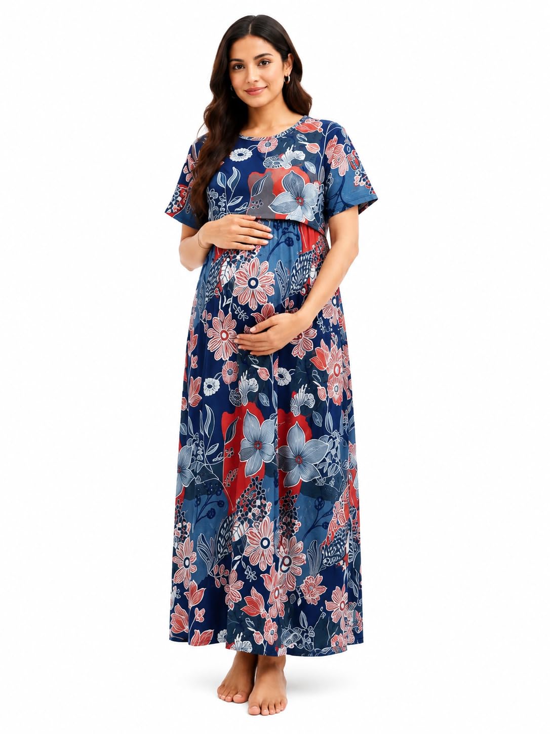 Women's Cotton Blend Maternity Feeding Nighty Maxi Dress | Front Open Feeding Gown | Half Sleeve Pregnancy & Nursing Nightwear | Navy Blue Floral Print-image-49