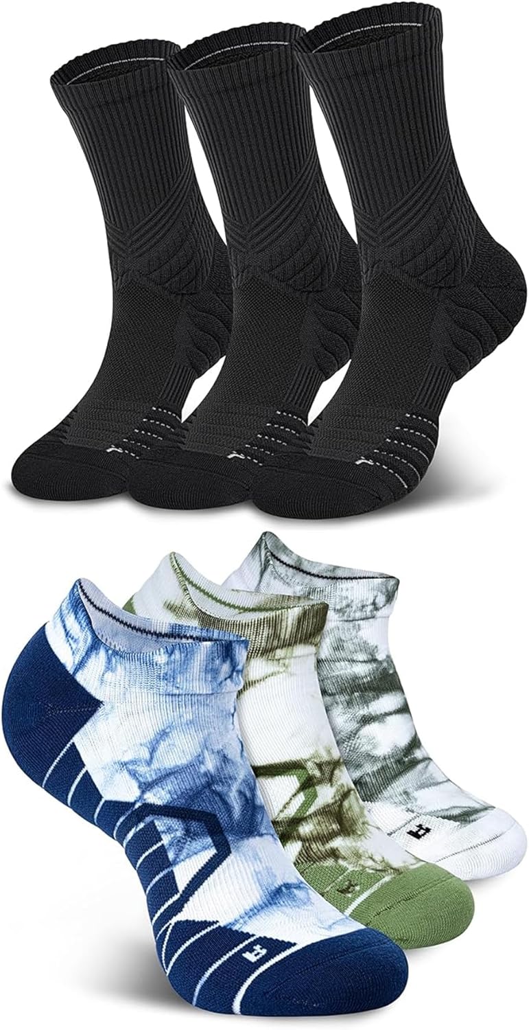 Hylaea 6 Pairs Running Socks for Men, Coolmax Anti-Blister Cushion Socks for Athletic, Padded Moisture Wicking & Seamless Size L Black & Blue Green White