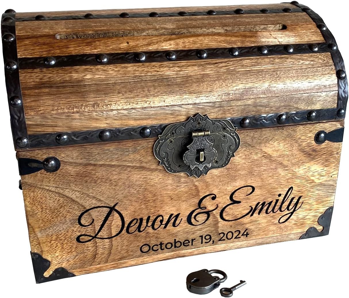Nautical Cove Personalized Treasure Chest with Card Slot, Antique Lock & Skeleton Keys (Medium 11x8x8) – Pirate Decor, Wooden Keepsake Box, Decorative Wooden Box for Weddings & Anniversaries