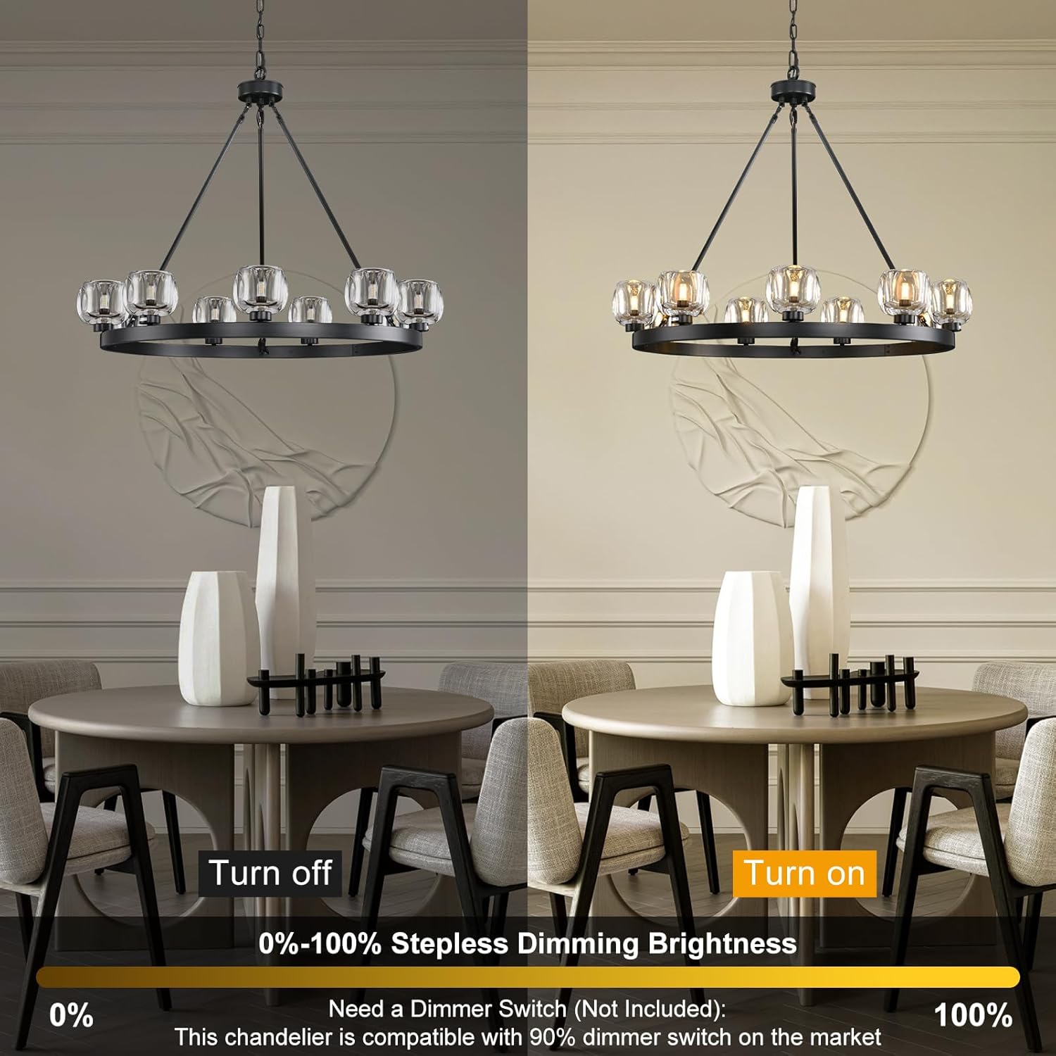 Black Wagon Wheel Chandelier, 36 Inch Black Chandeliers with Unique Glass Shade, 9-Light Crystal Farmhouse Wagon Wheel Chandeliers for Dining Room, Round Chandelier for Living Room, Foyer, Entryway