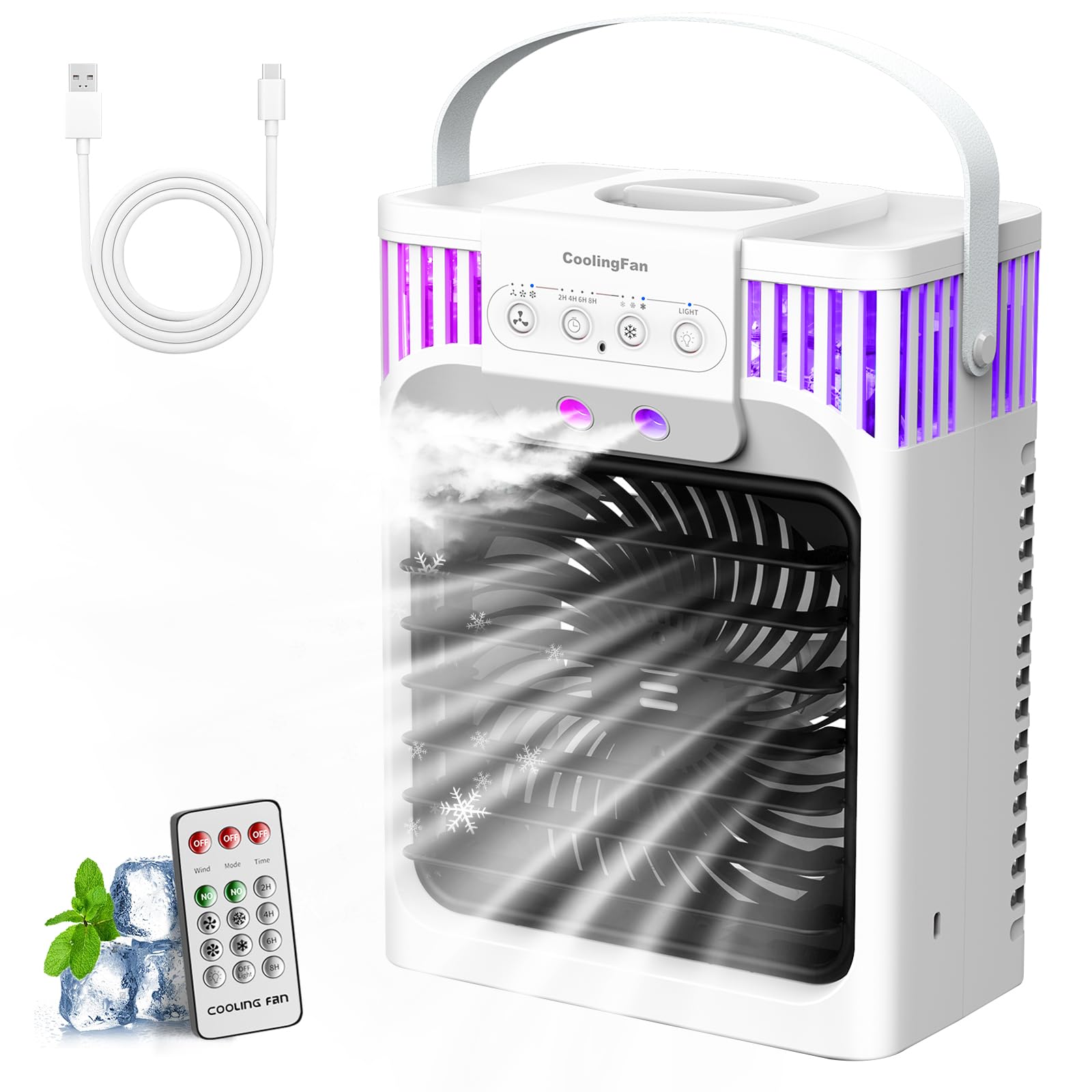Klimaanlage Mobil, 4-in-1-Mobile Klimageräte mit Fernbedienung/3 Geschwindigkeiten/3 Nebelmodi/1200-ml-Wassertank/2-8-Stunden-Timer/Nachtlicht, Klimaanlage ohne Abluftschlauch für Zimmer Büro Camping
