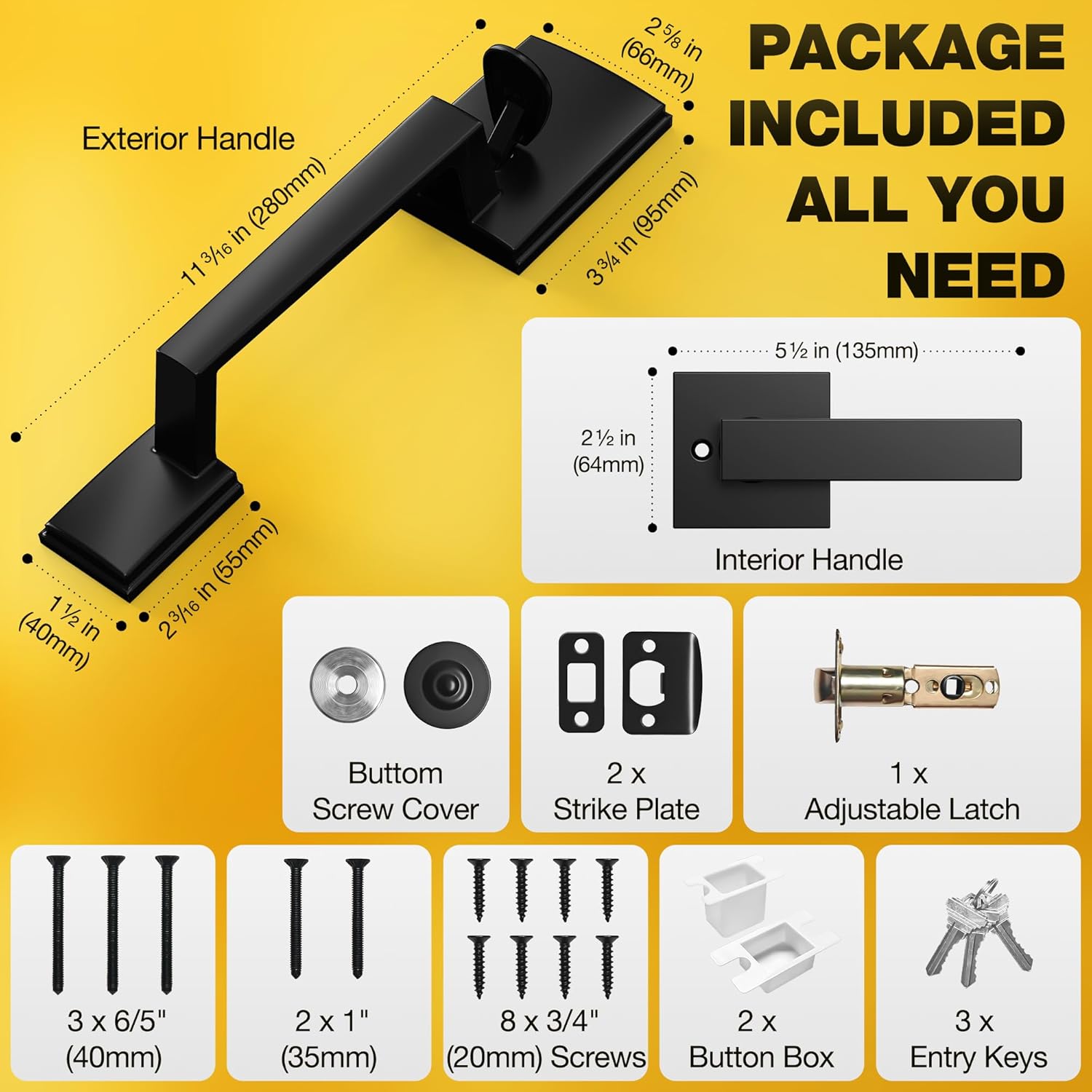 Kolet Front Door Handle, Handle Set with No Lock, Exterior Entry Door Handle, Heavy Duty Zinc Alloy, Reversible for Right & Left Opening, Deadbolt Not Included, Matte Black