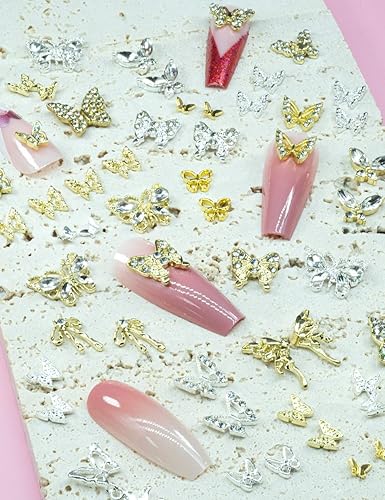 Miniatura 2 de 56 dijes de mariposa para uñas, cristales y diamantes de imitación, aleación 3D de metal claro dorado y plateado, dijes de mariposas brillantes,