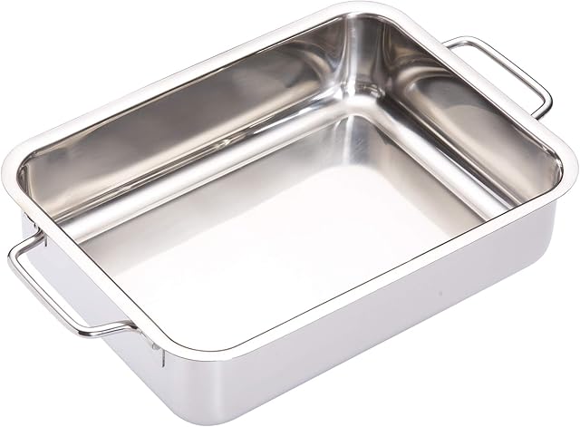 MasterClass Deep Stainless Steel Roasting Tin with Folding Handles and Hob Compatible Design, 27 x 20 x 6.5 cm