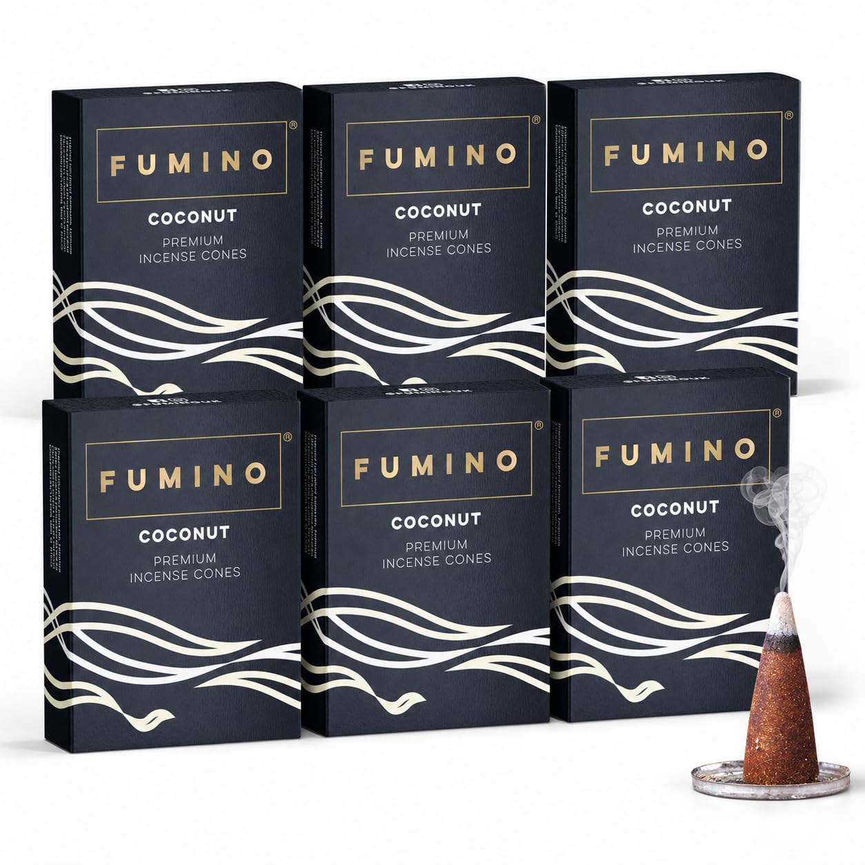 Fumino Black Incense Cones Coconut 90 Pack 6 Boxes - Handmade Natural, Long Burn