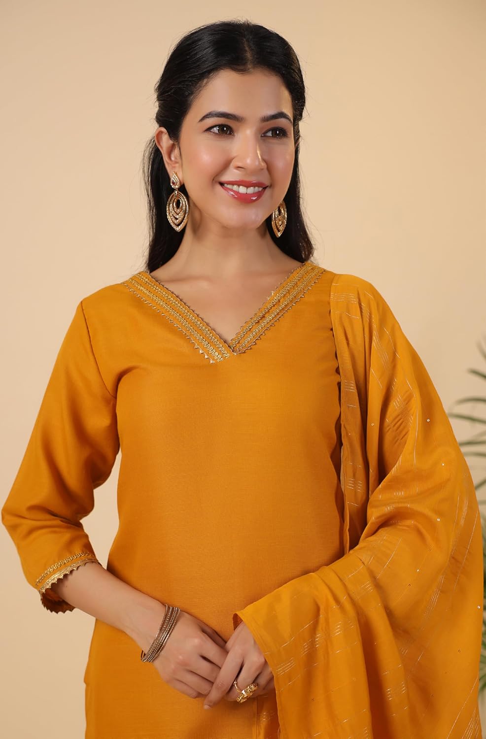Janasya Indian Women's Cotton Mustard Solid Festive Wear Kurta Set for Women - Image 7