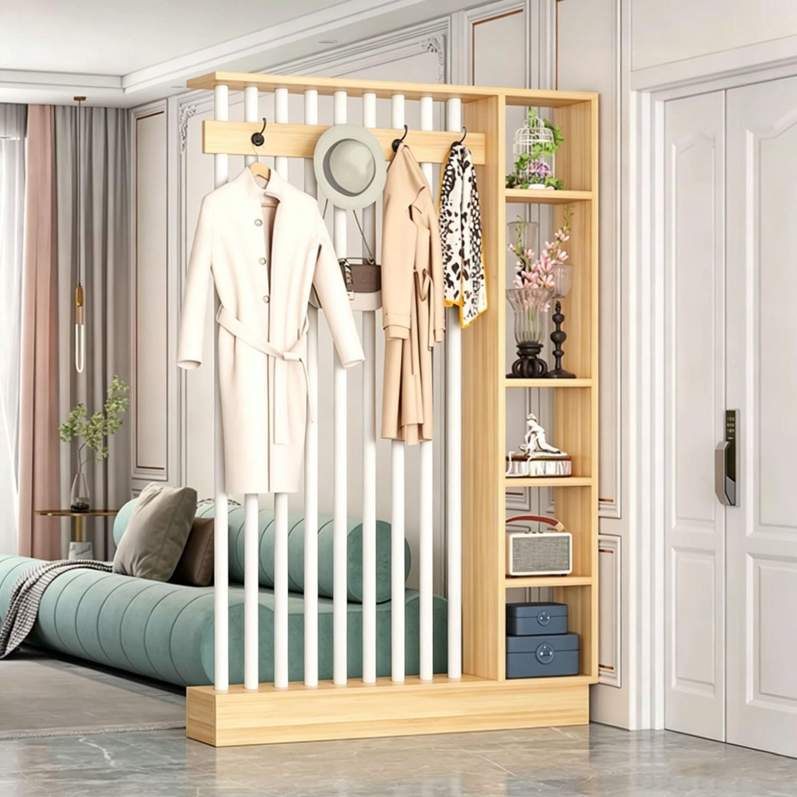 Multi-Functional Entry Hall Storage Rack Wood Room Divider Screen,room divider with shelves,Freestanding Privacy Partition with Coat Rack and Display Shelf for Home Office(Wood+White,120cm/47.2'')