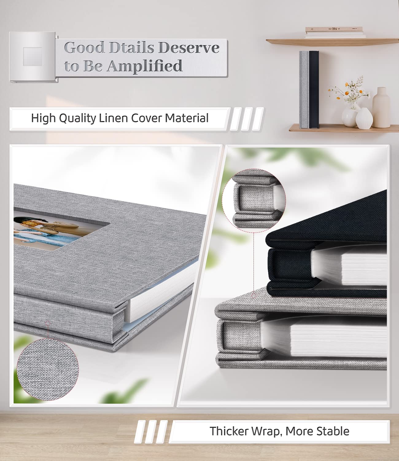 Artfeel Photo Album Self Adhesive Scrapbook Album for 3x5 4x6 5x7 8x10 Pictures,60 Pages Linen Cover with Display Window DIY Photo Book,Ideal Gifts for Family Travel Wedding Baby: 11.5"x10.5" 60pages Grey