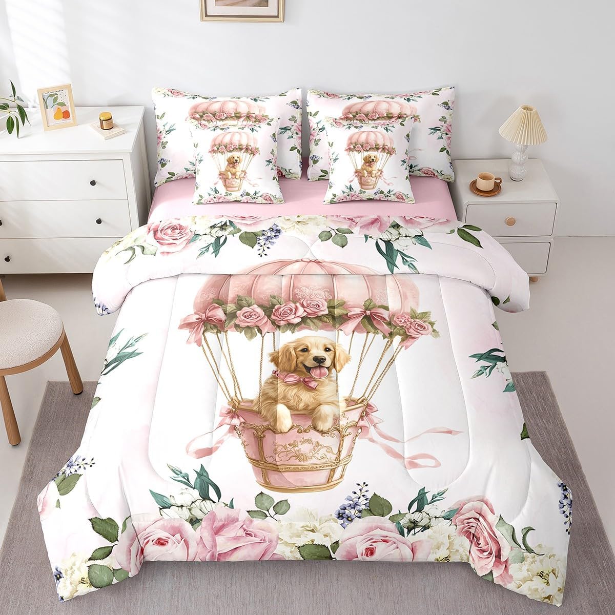 7 Pieces Golden Retriever Kids Comforter Queen,Pink Bowknot Hot Air Balloon Dreamy Bedding Set,Rose Flowers Princess Bow-tie Cartoon（Comforter+Fitted+Flat Sheet+2 Pillowcases+2 Throw Pillow Covers）
