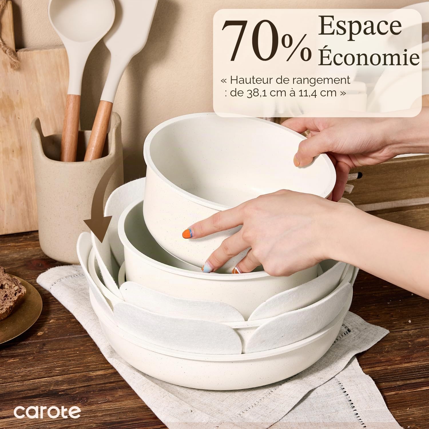 CAROTE Lot de 17 casseroles et poêles antiadhésives, poignée amovible, casseroles et poêles de cuisine à induction, ensemble de cuisine antiadhésif, passe au four/lave-vaisselle/réfrigérateur, gain de