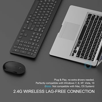 Wireless Keyboard and Mouse Set, seenda Ultra Slim Quiet USB Wireless Keyboard and Mouse Full Size QWERTY UK Layout with Numeric Keypad for Windows PC, Laptop, Computer, Black