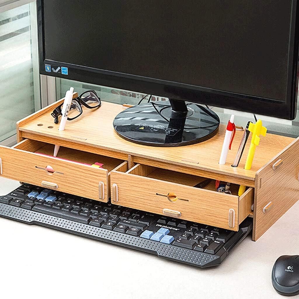 Simple Desktop Computer Monitor Laptop Heightening Base Bracket Office Storage Rack Screen Riser with Drawer and Phone Holder-Computer(Natural)