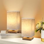 Small Square Bedside Table Lamp for Bedroom, Minimalist Wood Base & Round Fabric Shade, Mini Cute Cozy Warm Nightstand Boho Lamp, Study Desk Night Stand Light for Room, Dorm, Nursery, Living Room