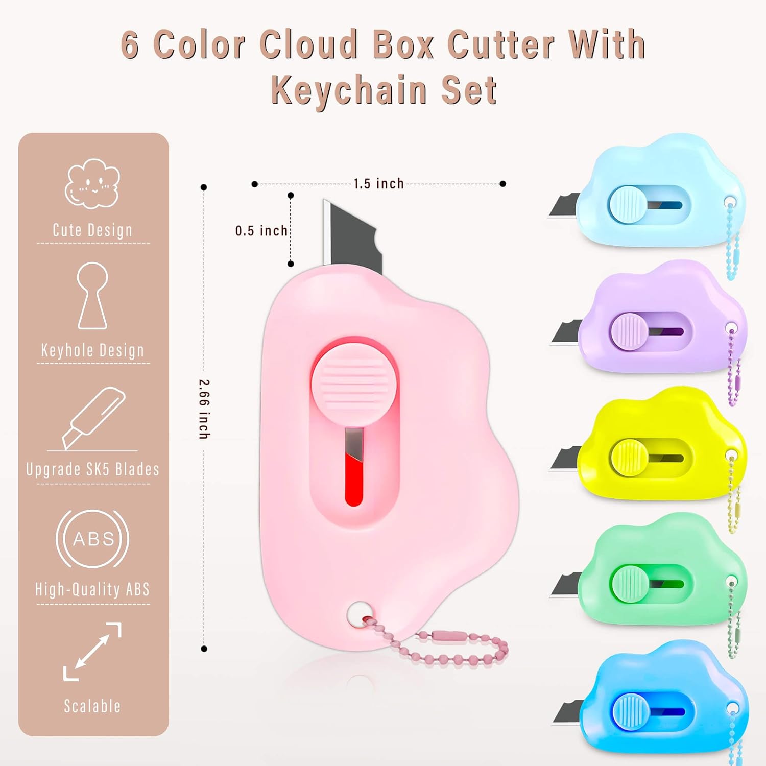 Cloud Shaped Retractable Box Cutter Set - 6 Pack with Key Rings,Stainless Steel Blade,Safe & Portable Letter Opener for Envelopes,Package,Mail,DIY,Paper Cutter for Home,Office,Outdoor (6 Color)