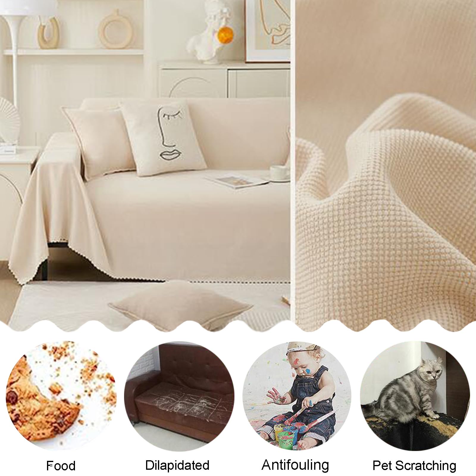 Housse Plaid De Canapé 1 2 3 4 Places Jeté De Canapé Serviette De Canapé Universelle d'angle en Forme De L Couverture Multifonction pour Chat Rebelle Tissu Chenille(180X380cm,Beige)