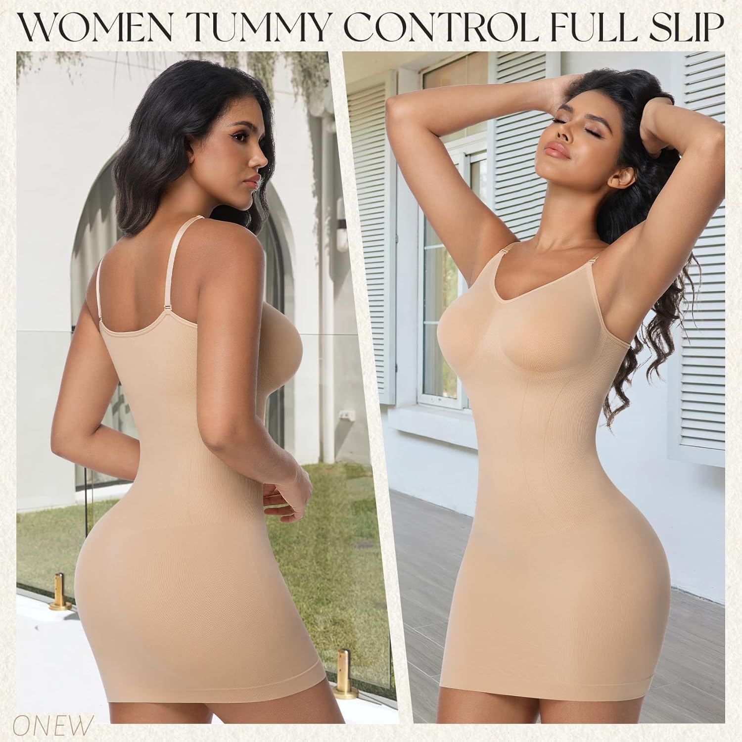 ONEW Shapewear Slips For Under Dress Deep V Neck Tummy Control Full Slip Adjustable Strap Seamless Body Shaper For Women - Image 2