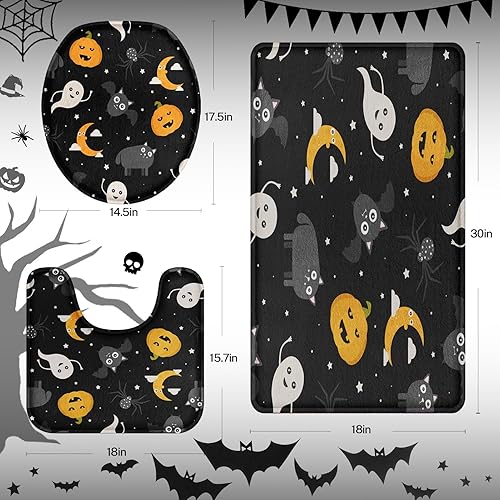 Miniatura 9 de ArtSocket Juego de 3 alfombras y tapetes de baño de calabazas de Halloween, tapetes de baño de terror espeluznantes, antideslizantes, lindos tapetes