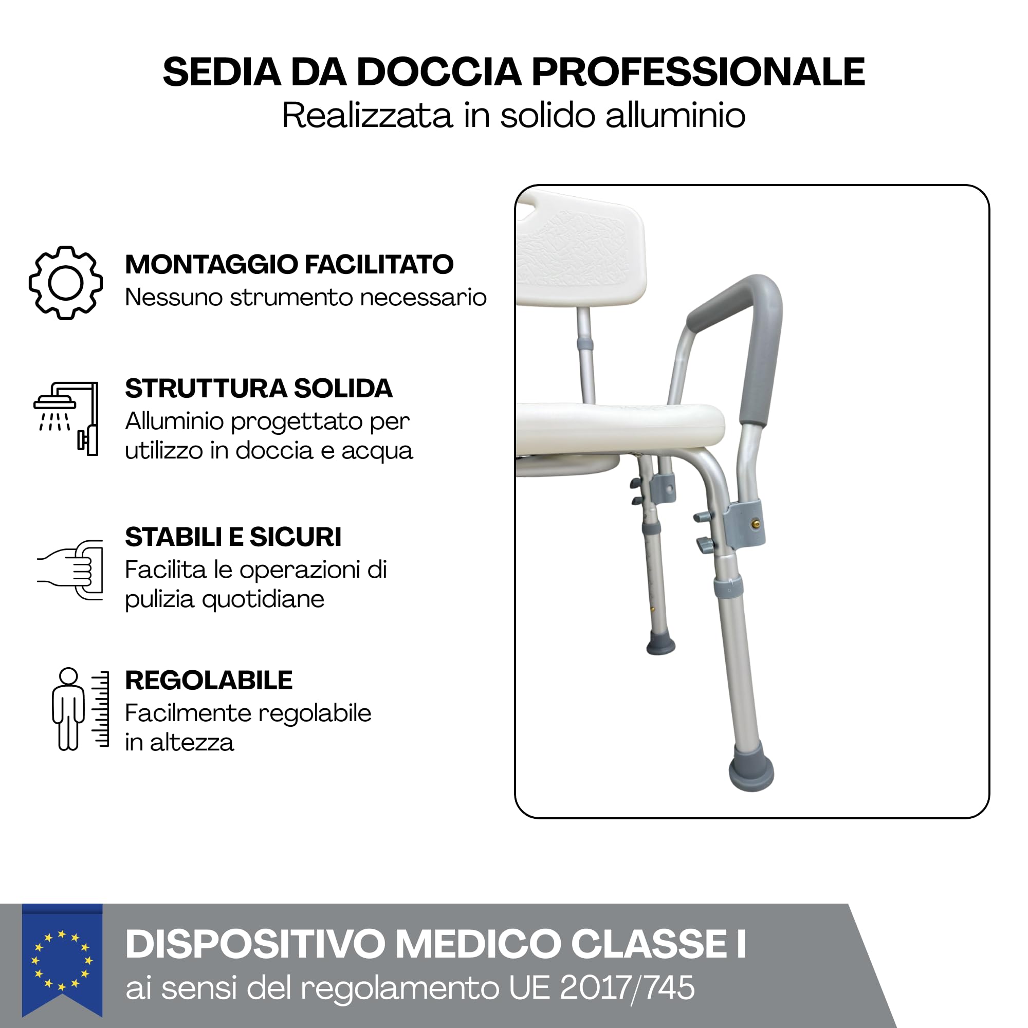 Sedia per Doccia con Schienale e Braccioli Estraibili per Anziani o Bambini - Altamente resistente, Design Antiscivolo - Ergonomica - Vasca da Bagno