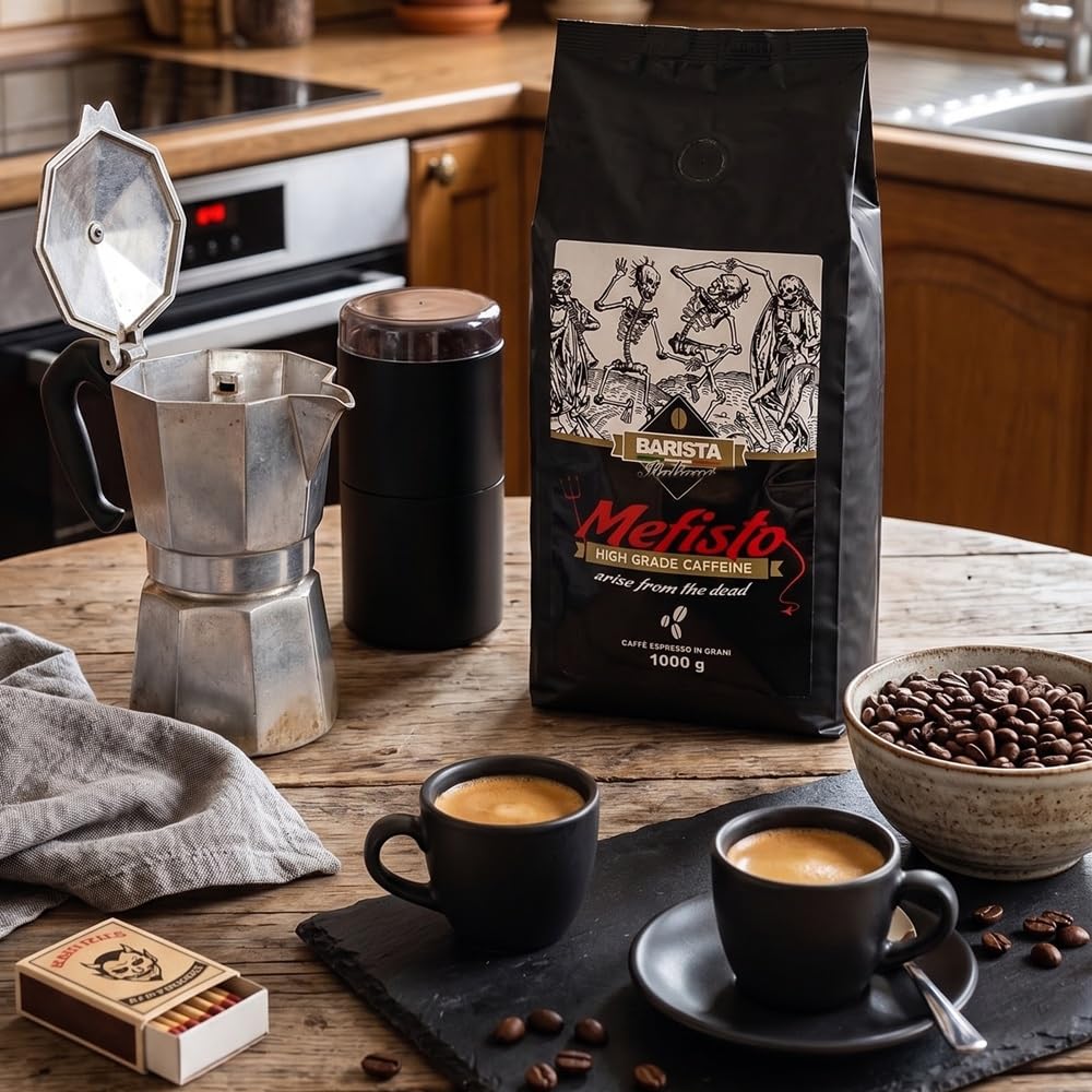 Barista Italiano ♨️ Mefisto - Dark Roast Extremadamente Fuerte ♨️ Espresso Altamente Cafeinado ♨️ 1KG Café Natural En Grano ♨️ Premium Robusta
