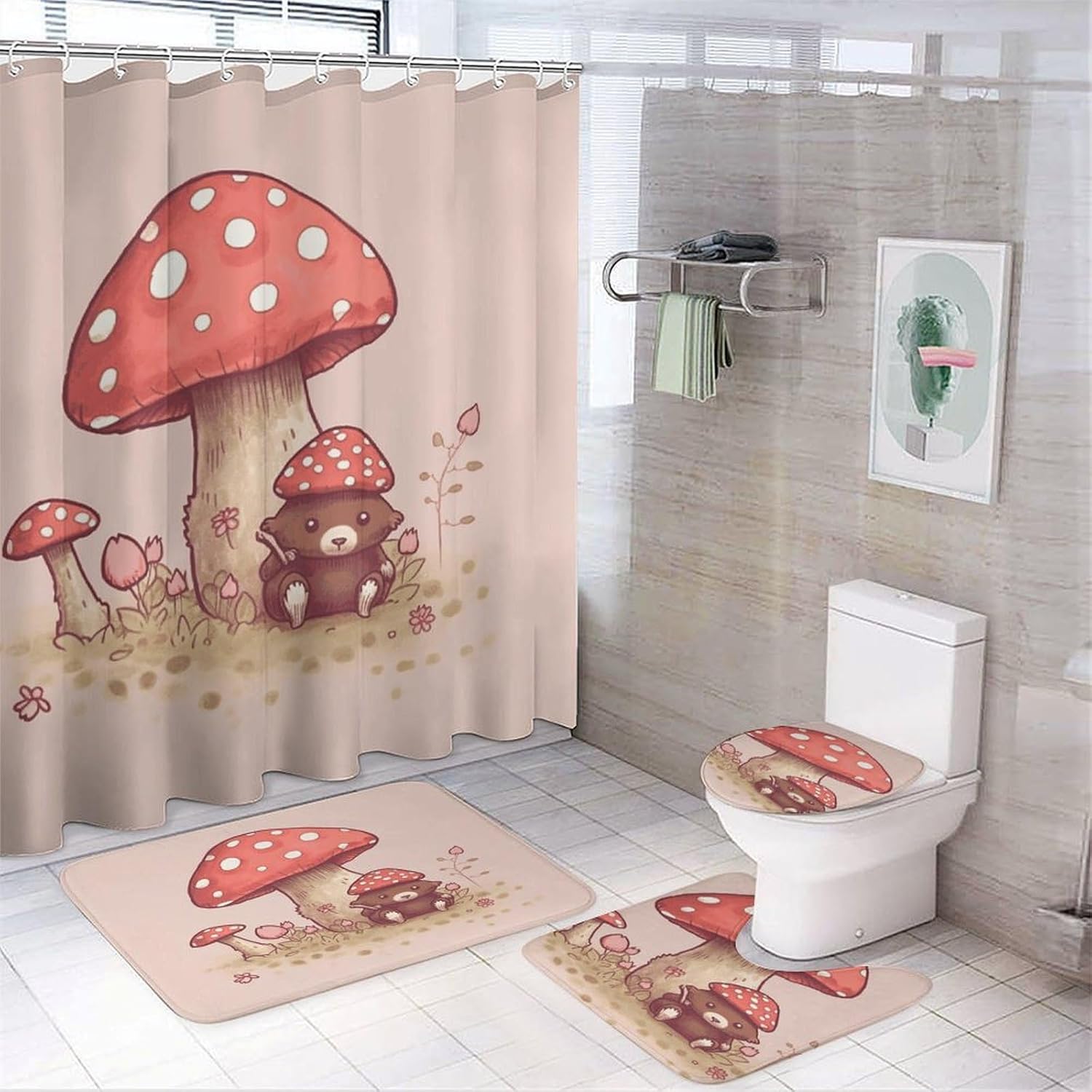 Four Piece Bathroom Set with Toilet Lid Cover and Non-Slip Rugs Minimalist Shower Curtain for Bathroom Set
