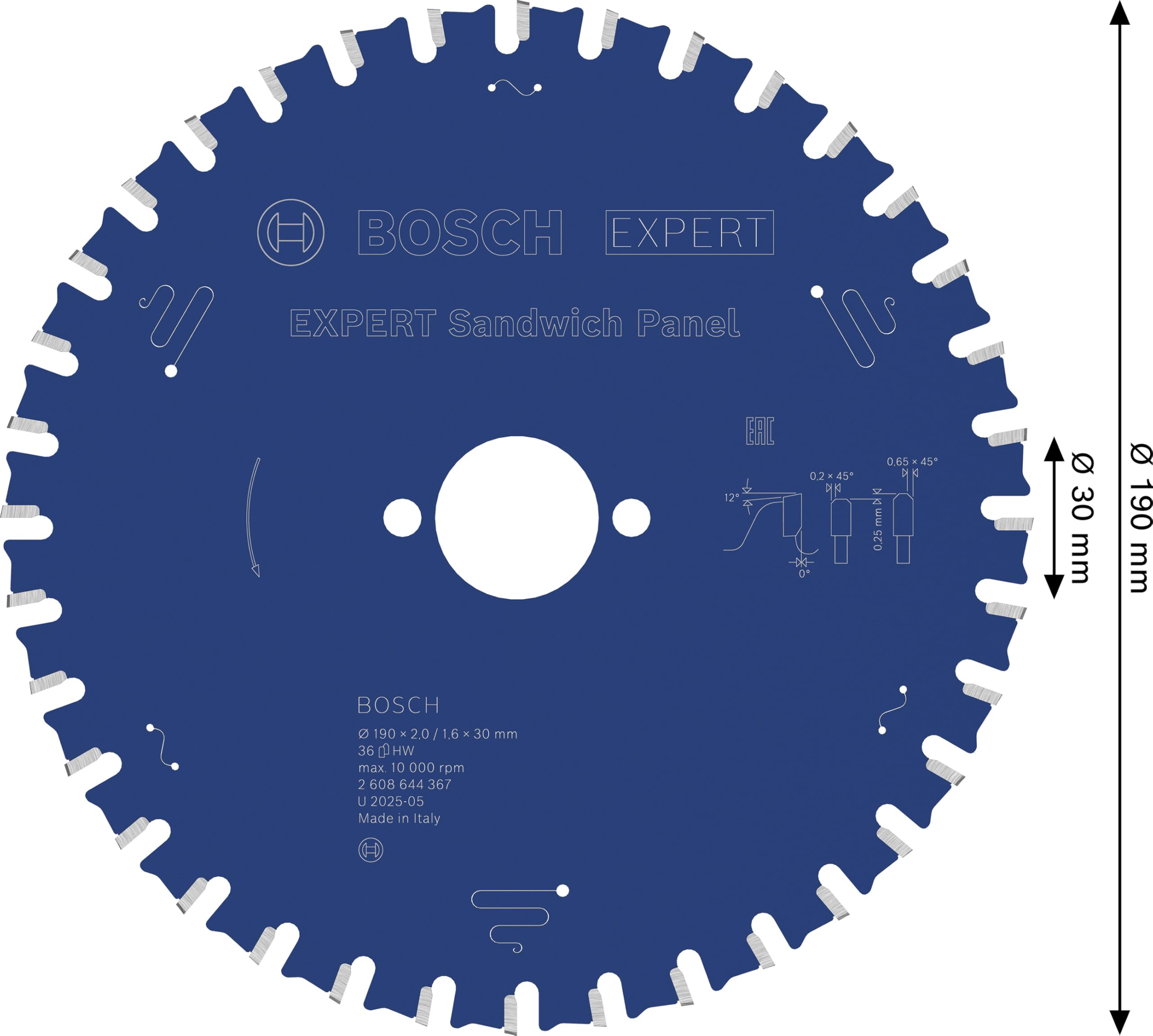 Bosch Professional 2608644367 Expert for Sandwich Panel-Hoja de Sierra Circular (190 x 30 x 2 mm, 36 Dientes), Color:, Ø 190 mm