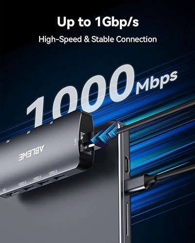 Miniatura 7 de ABLEWE Hub Ethernet USB C, multipuerto USB C a HDMI, adaptador USBC 8 en 1 4K a 60Hz, 1000 Mbps, 1000 W PD, 3 puertos USB 3.0, estación de