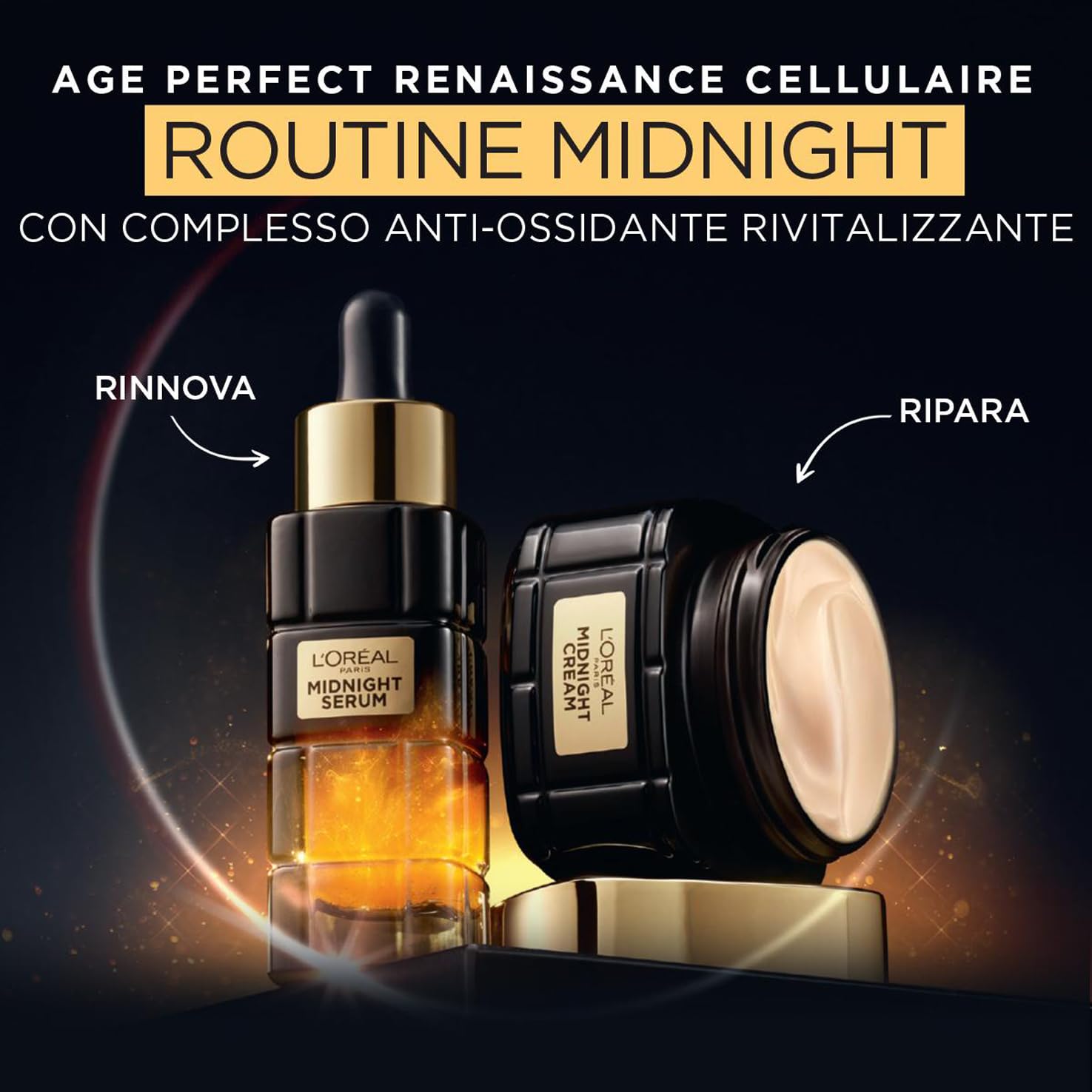 L'Oréal Paris, Crema Viso Midnight, Per Pelli Mature, Azione Anti-Età, Incarnato Levigato e Rughe Ridotte, Con Complesso Antiossidante e Vitamina E, Age Perfect Renaissance Cellulaire, 50 ml