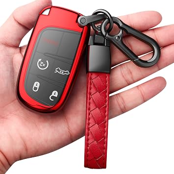 Compatible With Jeep Key Fob Cover With Leather Keychain Soft TPU Protection Key Case For Grand Cherokee Renegade Chrysler 200 300 Dodge RAM Durango Challenger Journey Dart Fiat Smart Key,Red
