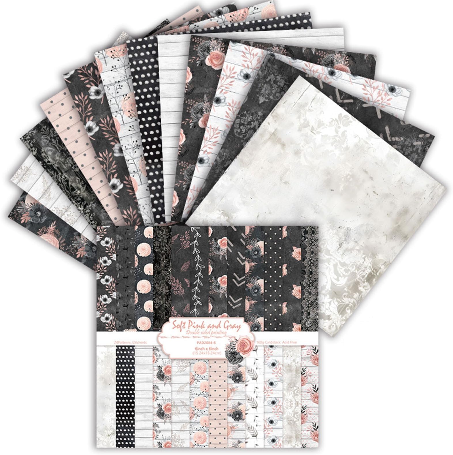 24 Sheets Scrapbook Paper, 6 Inch Double-Sided Retro Patterned Paper, 24 Designs, Scrapbooking Supplies for DIY Photo, Album and Scrapbook Decoration (Black and White, 6 Inch)
