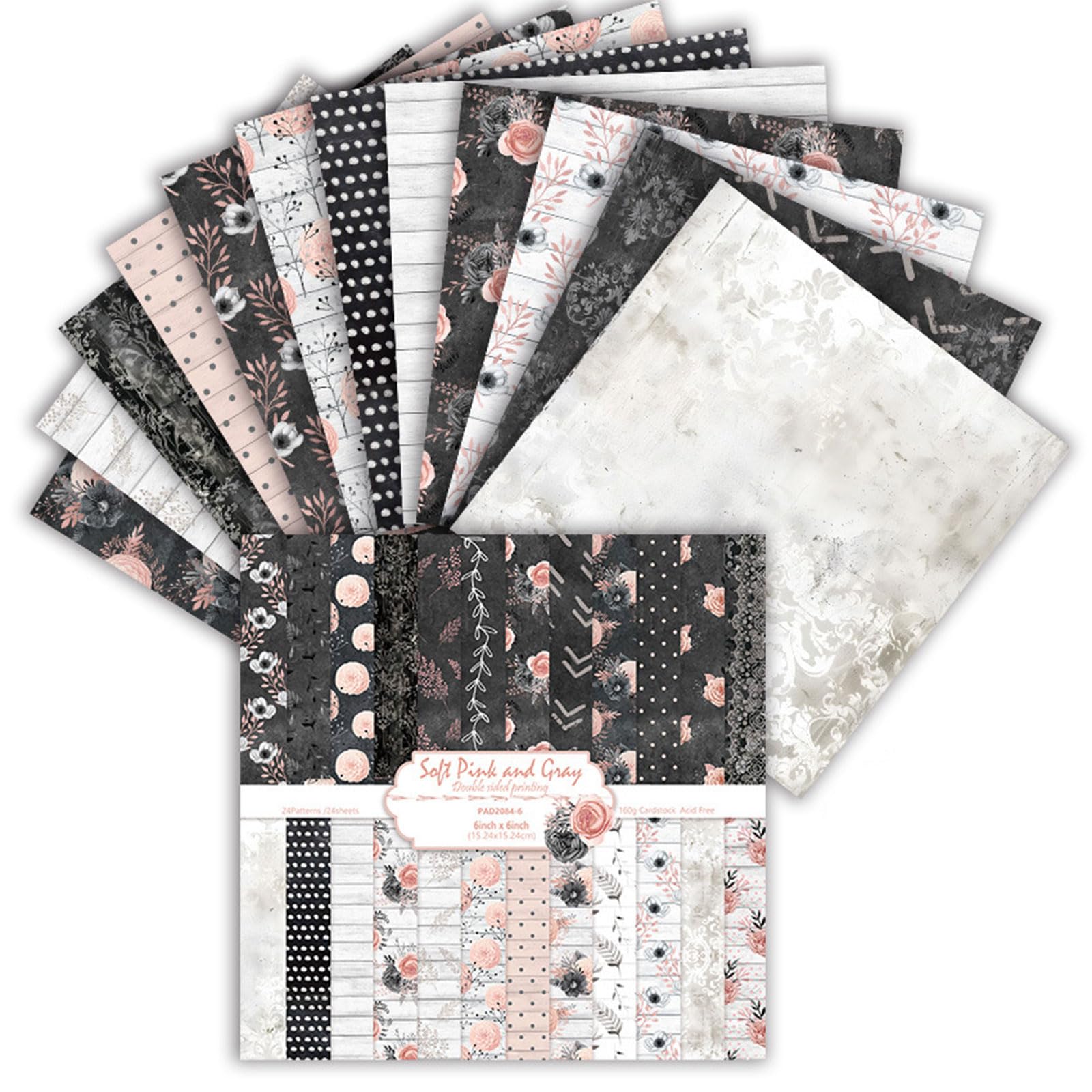 24 Sheets Scrapbook Paper, 6 Inch Double-Sided Retro Patterned Paper, 24 Designs, Scrapbooking Supplies for DIY Photo, Album and Scrapbook Decoration (Black and White, 6 Inch)