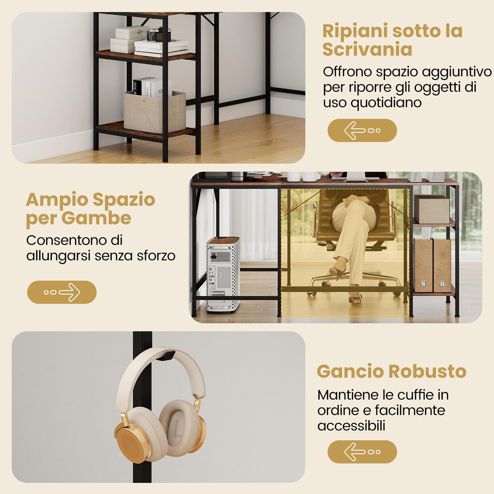 COSTWAY Scrivania a Forma di L con Libreria, Ripiani e Gancio per Cuffie, Scrivania Angolare in Legno con Robusto Telaio in Metallo, Scrittoio per Computer per Soggiorno, Studio e Ufficio (Marrone)