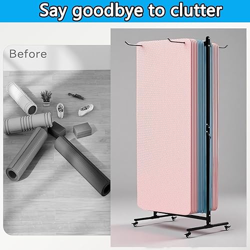 Miniatura 7 de YTLEMON Soporte para tapete de yoga colgante, carrito de esterilla de yoga rodante, estante de almacenamiento de gran capacidad, con perforador,