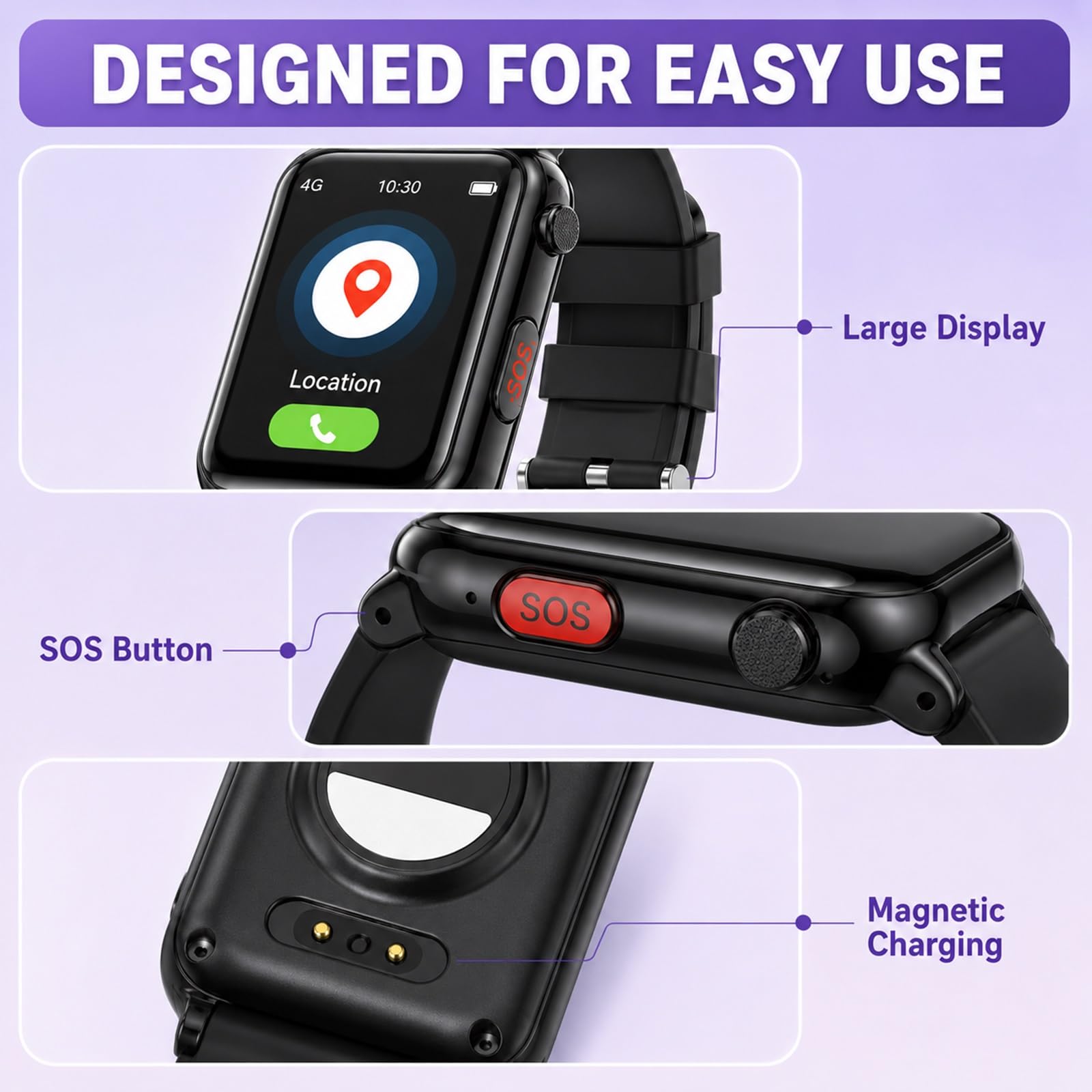 Reloj de Alerta Médica para Padres Mayores Rastreador GPS y Alarma SOS | Botón de Emergencia SOS, Chat de Voz, Monitor de Presión Arterial, Geocerca de Seguridad, Rastreador Salud(Negro)