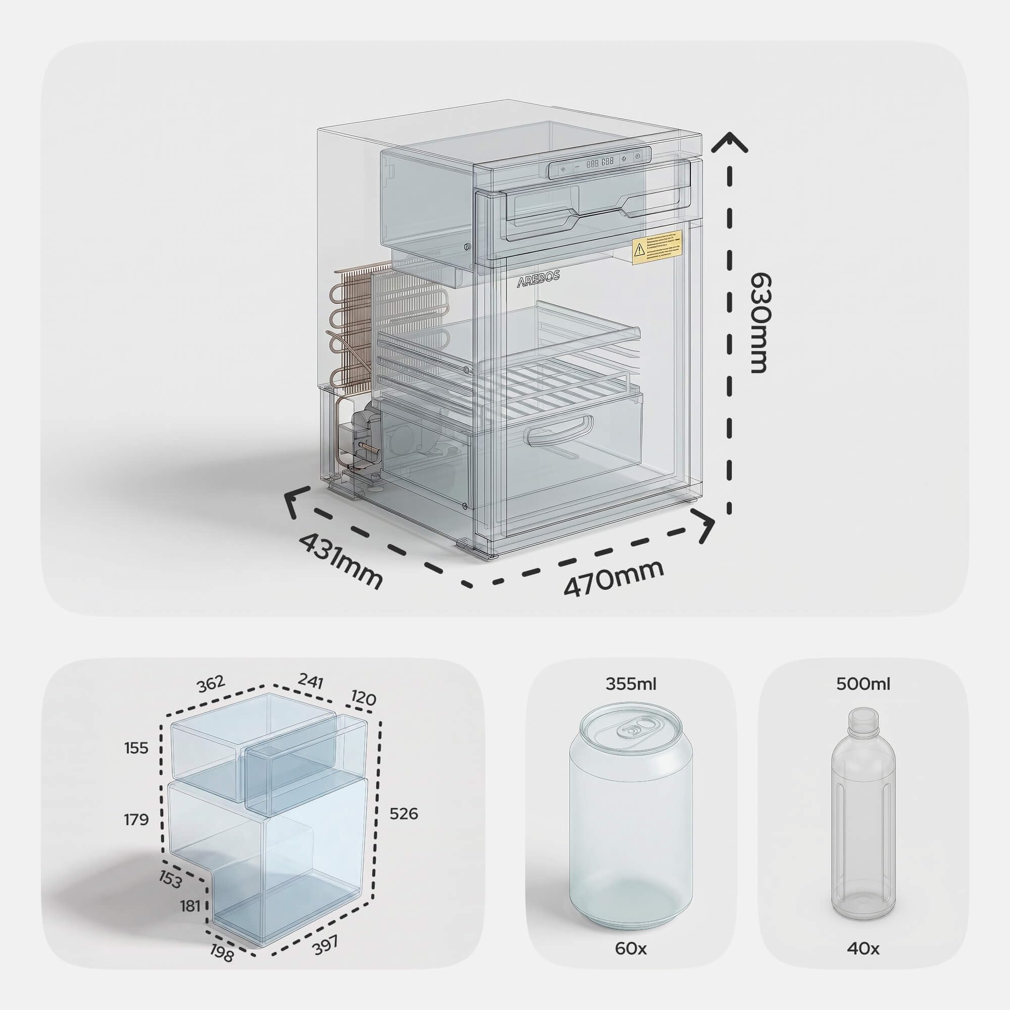 Arebos Wohnmobil Kompressor Kühlschrank 65L mit Gefrierfach | Camping & Outdoor Kühlschrank 12V/24V | bis -20°C | Auto & LKW | Wechselbarer Türanschlag | APP-Steuerung