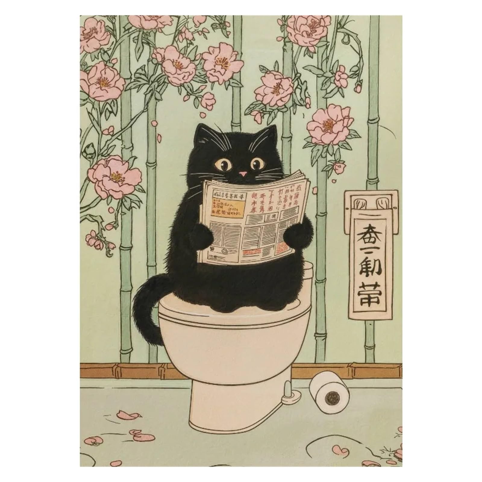Graiting 1pc Noble Tabby Cat Eating Ramen Fuji View Poster Wall Pictures Canvas Painting Home Bathroom Decor(10,30x40cm)