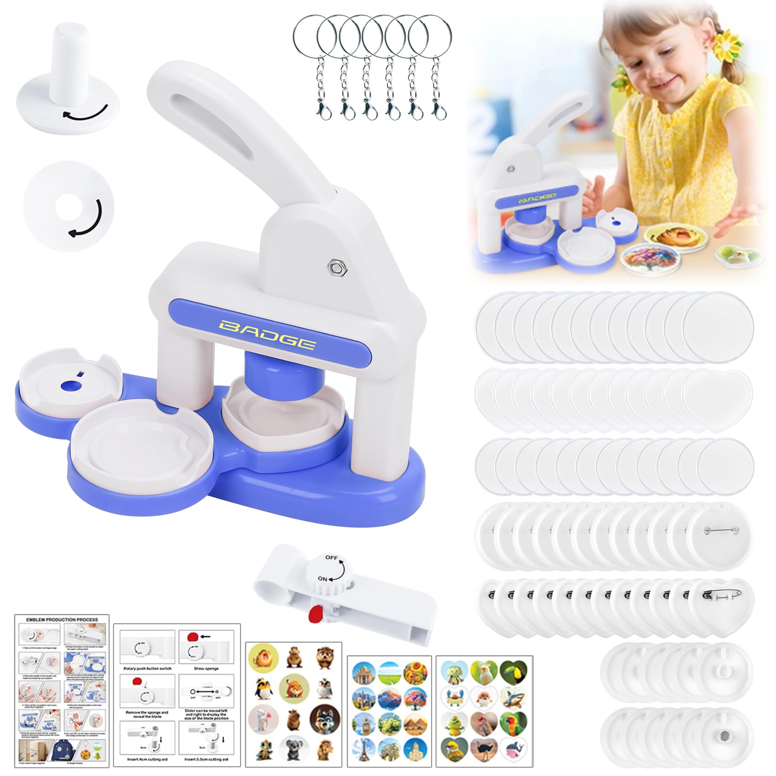 Machine à Badges de 35+55 mm, Badge Maker DIY Presse Kit Fabrication de Badge Machine a Badge Professionnelle avec Bouton PièCes, Cutter, pour Fête et Cadeaux