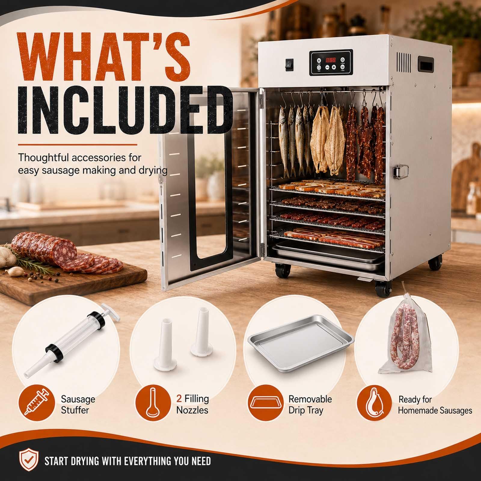 Dry Ager Für Fleisch Mit 360°-Luftstrom Und 30–90 °C Regelung Withgrid | 800 W Edelstahl-Reifeschrank Mit 30–90 °C, 24-H-Timer, 360°-Heissluft, 14 Haken Und 5–7,5 Kg Kapazität.