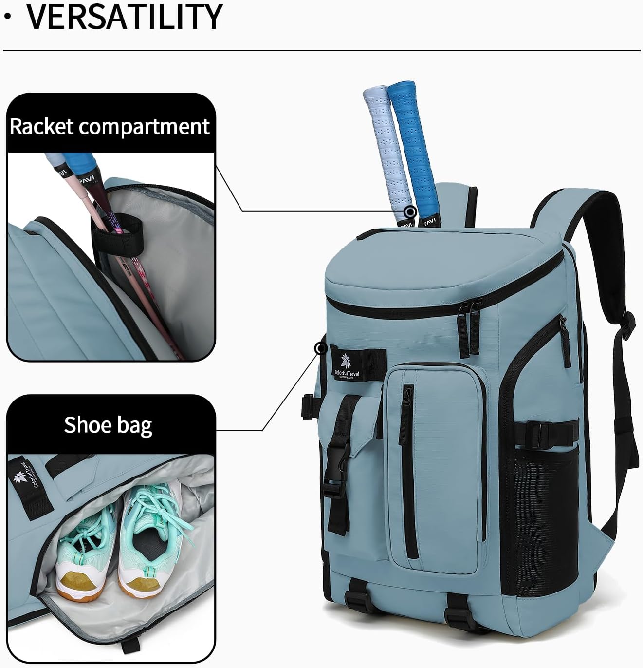 tennis mountain climbing travel backpack, independent shoe compartment for sports and fitness, waterproof 15.6-inch computer bag