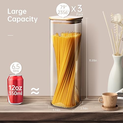 Miniatura 9 de HomArtist Tarros cuadrados de vidrio con tapas de bambú de 79 onzas líquidas juego de 3, recipientes de vidrio con tapa hermética, recipientes de