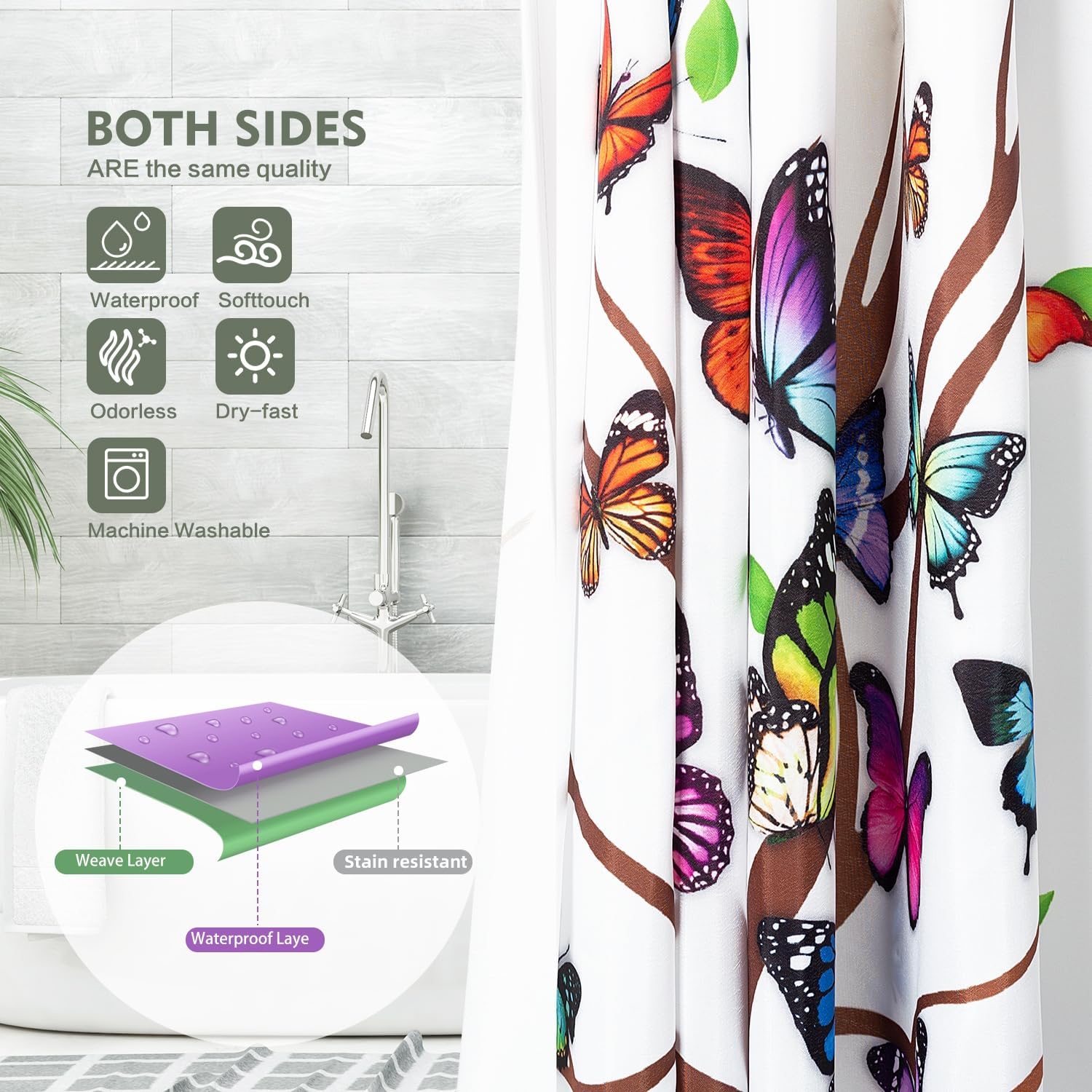 Lokigo Shower Curtain, Tree Shower Curtains for Bathroom, White Fabric Colorful Floral Leaves Butterfly Bathroom Shower Curtain with Hooks 72 x 72 Inches