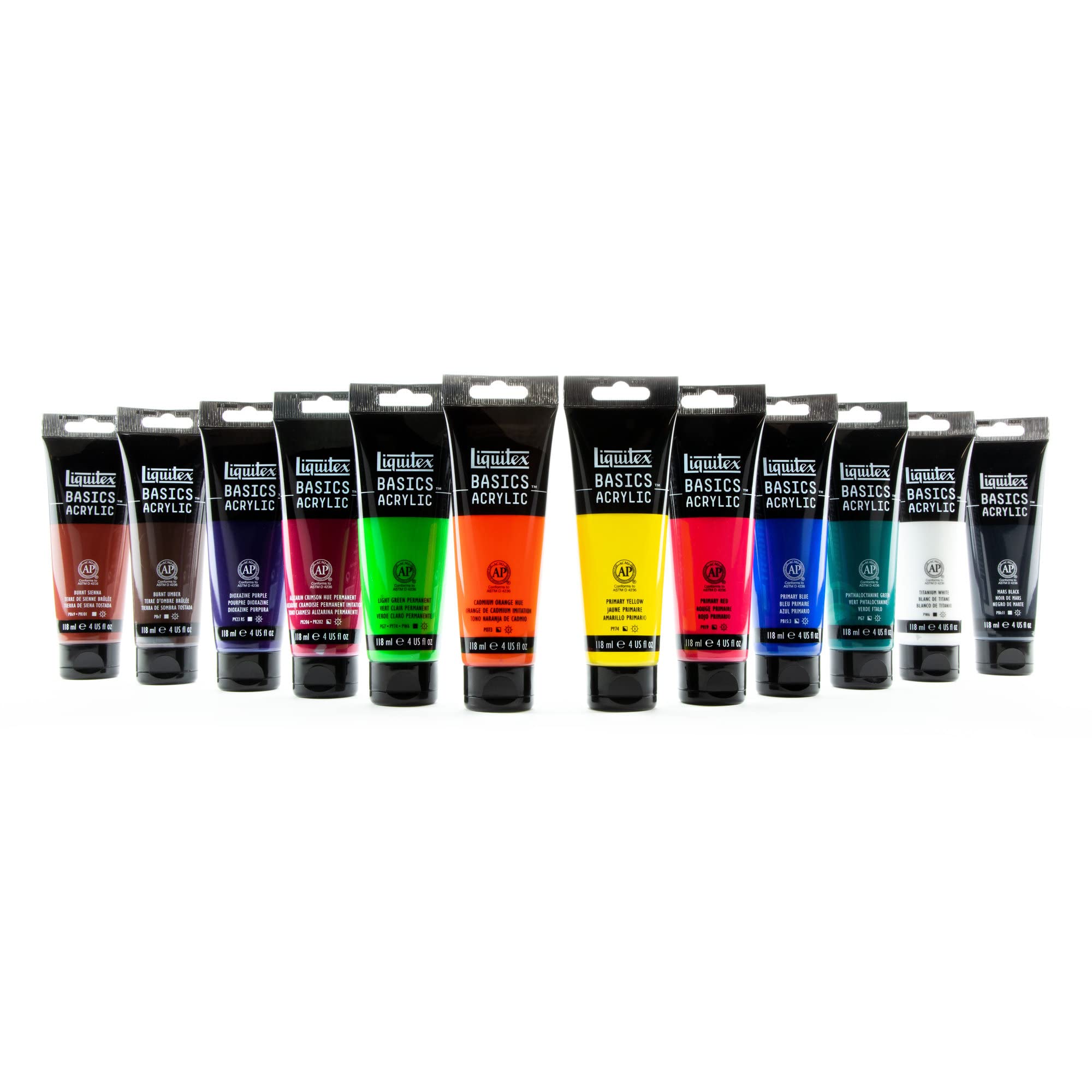 Liquitex 3699391 Basics - Pittura acrilica, Pigmenti per artisti monopigmentati, Resistente alla luce, durevole nel tempo, Finitura satinata, Set di colori 12 Tubi da 118 ml