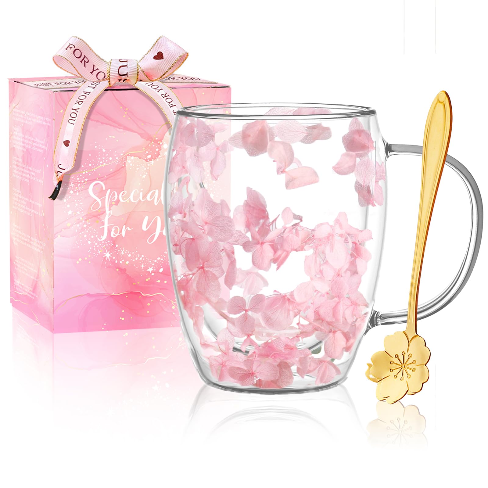 Double Wall Glass Mugs with Flowers, Coffee or Tea Cups with Handle, Novelty Birthday or Christmas Gift for Women, Friends, Mothers