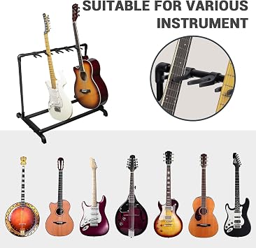Garvee Multi Guitar Stand Rack 5 Holders Foldable Display Rack with No-Slip Rubber Padding Guitar Storage Rack forBand Stage Bass Acoustic Electric Studio Use Black