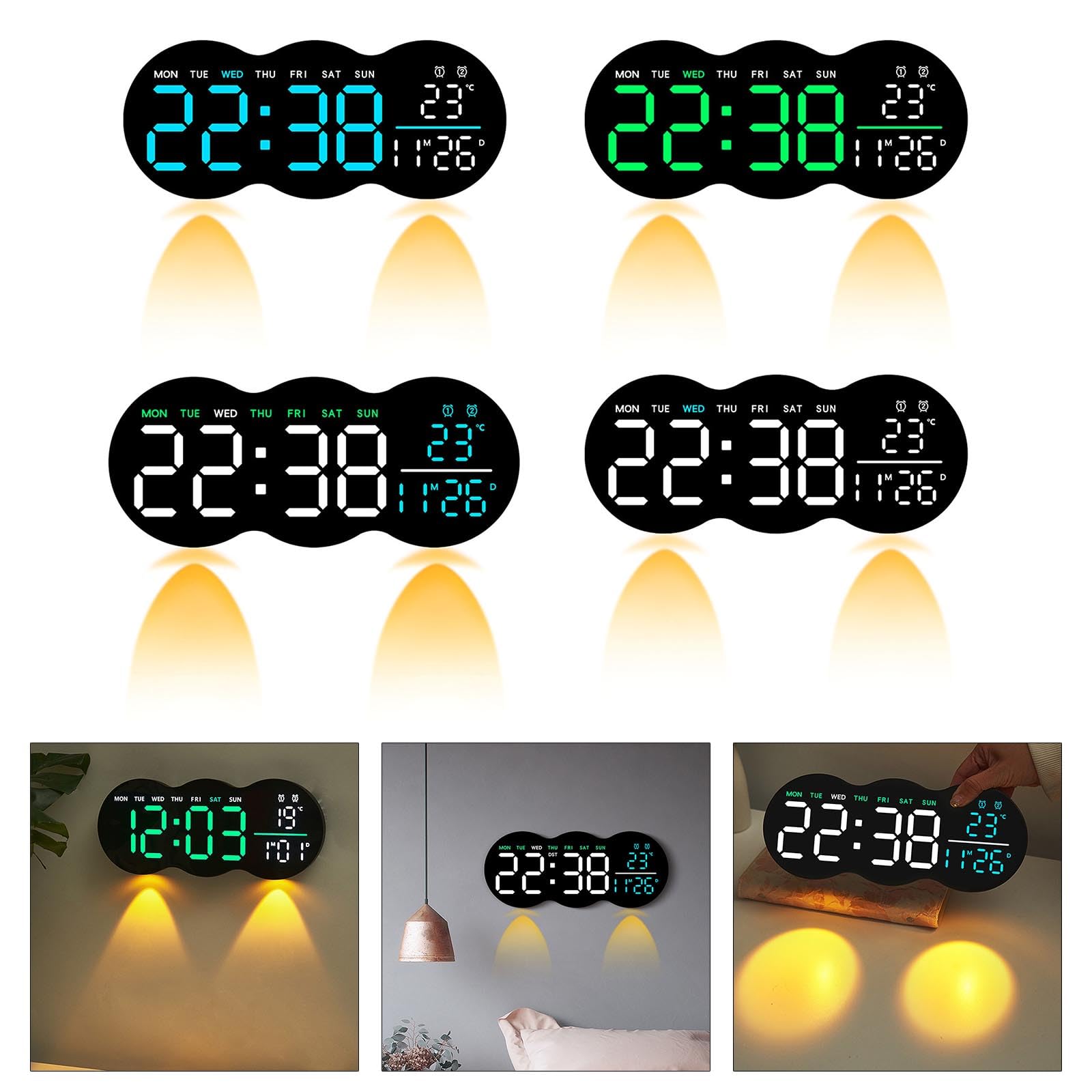 Orologio da Parete Digitale A LED con 2 Luminosità Regolabile del Telecomando per Temperatura Allarme E Timer per Casa