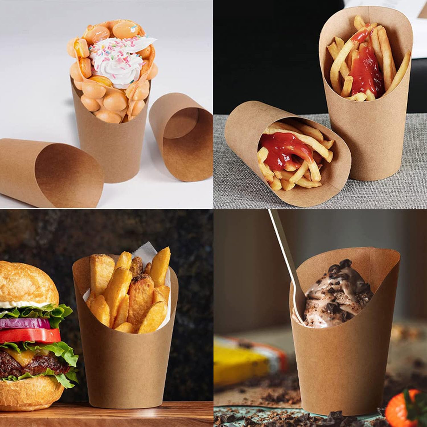 100 Stuks Gefrituurd Voedsel Friethouder 14oz Wegwerp Schuine Frietbekers Kraft Papieren Bekers Fastfood Afhaalverpakkingsdozen