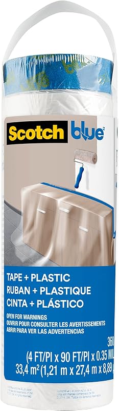 Pre Plastic Painters Tape, 48 in x 30yd, Tape & Masking Film Combined in One Product, Static Cling to Stay in One Place, No Residue Masking Tape, Film Unfolds to 48" Wide (PT2093EL-48)