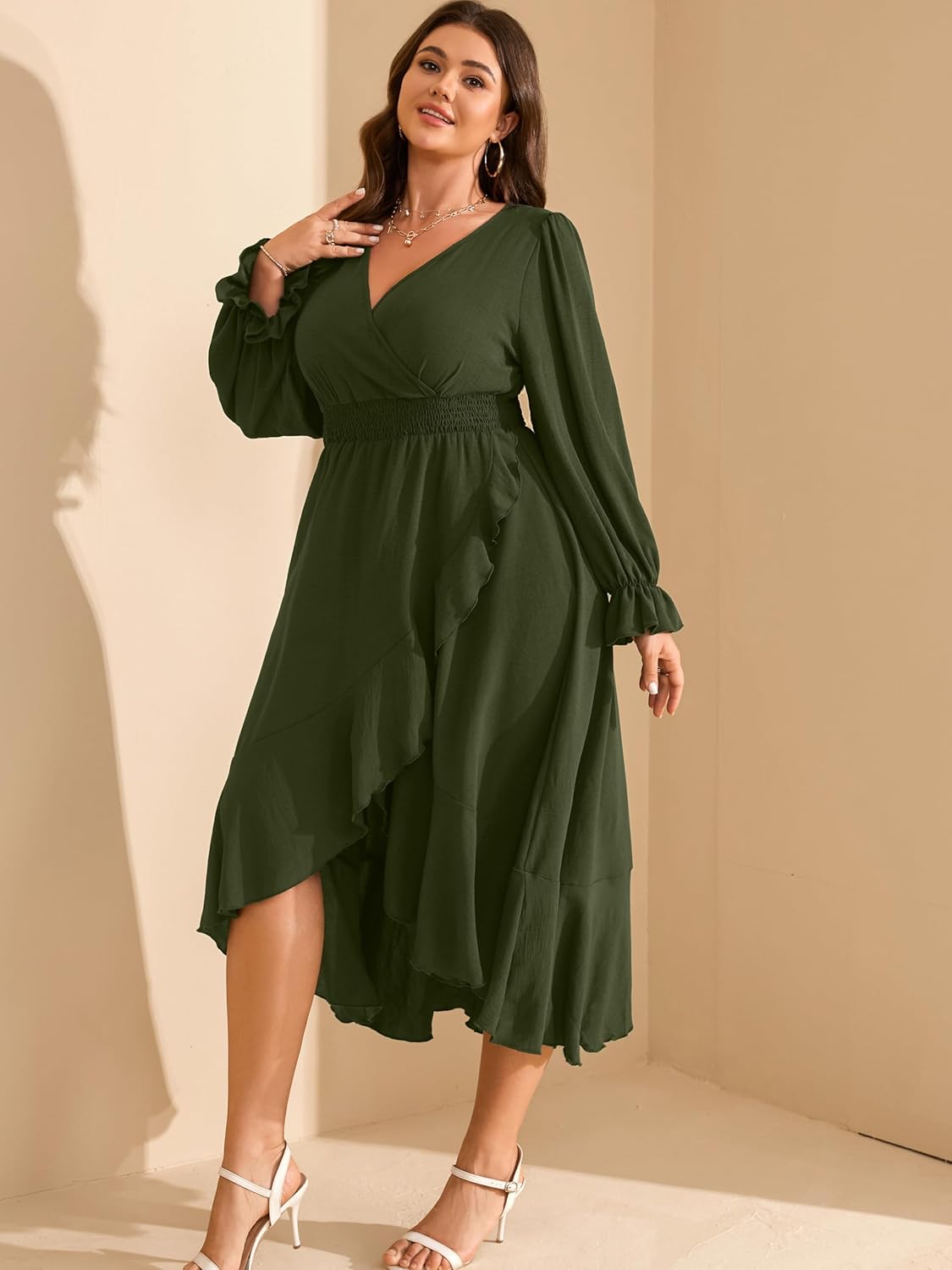RWJ Women's Plus Size Wedding Guest Maxi Dress Wrap V Neck Long Sleeve High Low Ruffle Cocktail Fall Dresses - Image 5
