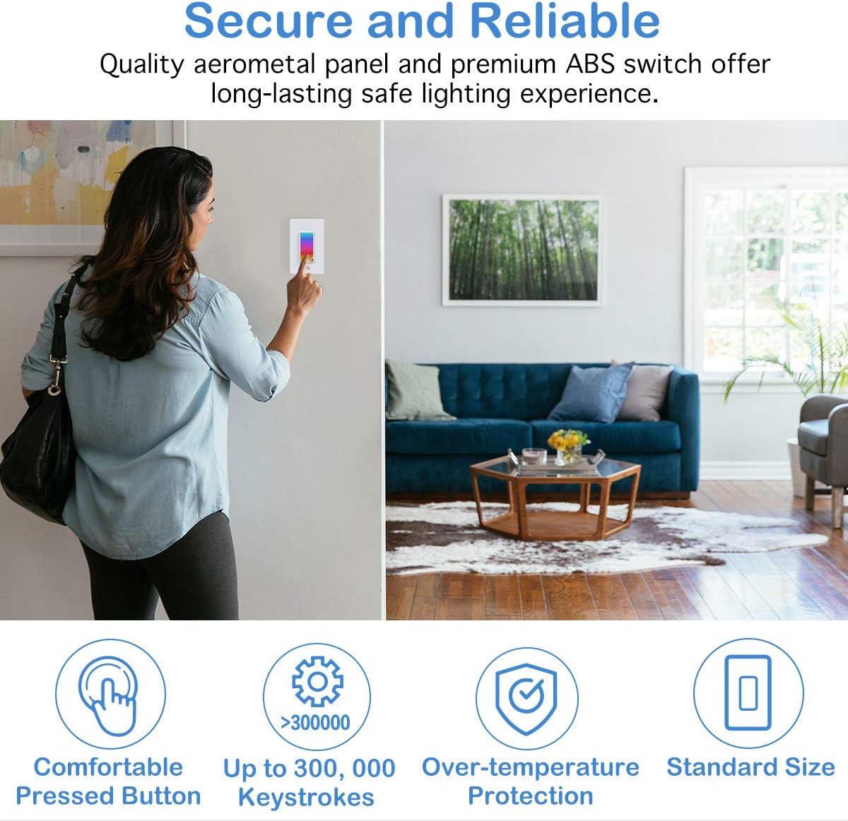 Woman interacting with the MoKo Smart Switch in a living room setting, with icons for comfortable button, keystrokes, over-temperature protection, and standard size.