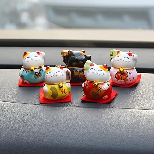 Miniatura 5 de Jadeshay Adornos de gato de la suerte, 5 figuras de Maneki Neko sonriente agitando gato vertical para Lucky Fortune decoración de escritorio del